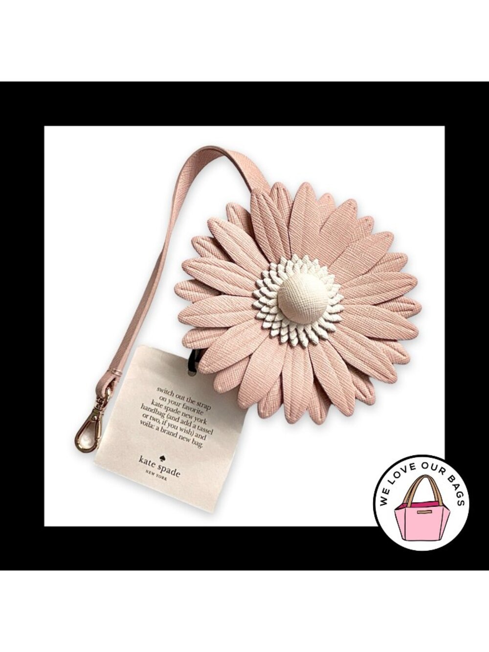 New KATE SPADE Pink Flower Blossom Leather Strap Tassel Bag Charm Hang Tag Fob